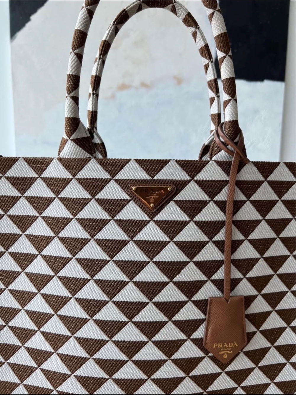 Prada Symbole Large Brown & White Geometric Tote Bag - Picture 3 of 7